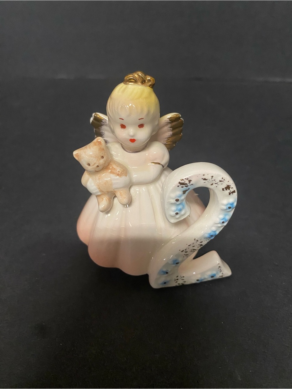 Porcelain Angel Birthday  Figurine Holding Teddy with Number 2 - White & Gold